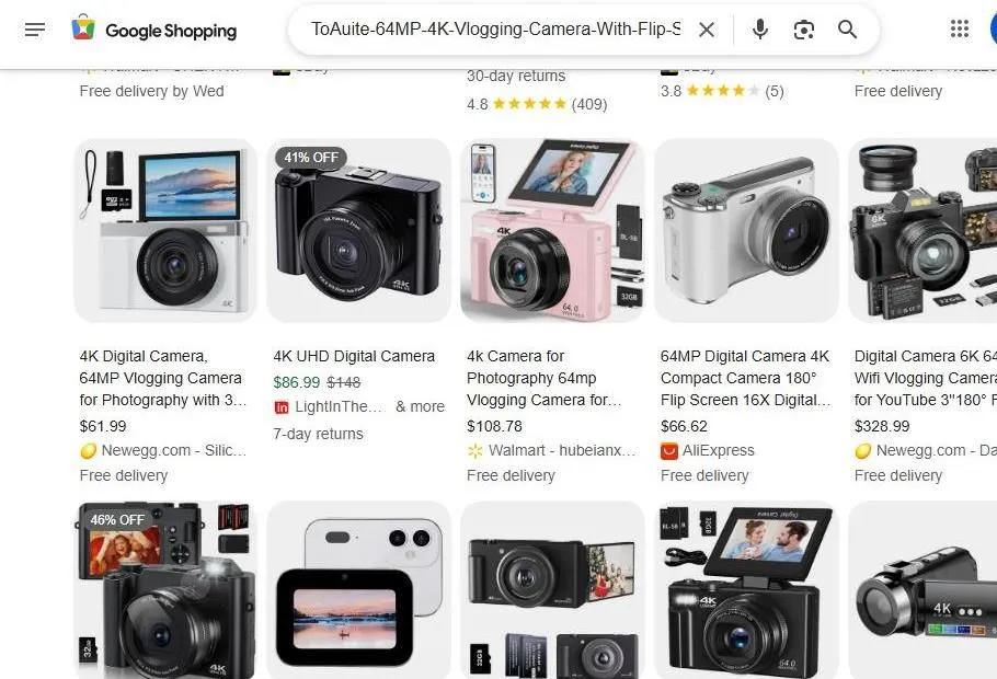 A Google Shopping search results page for vlogging cameras.