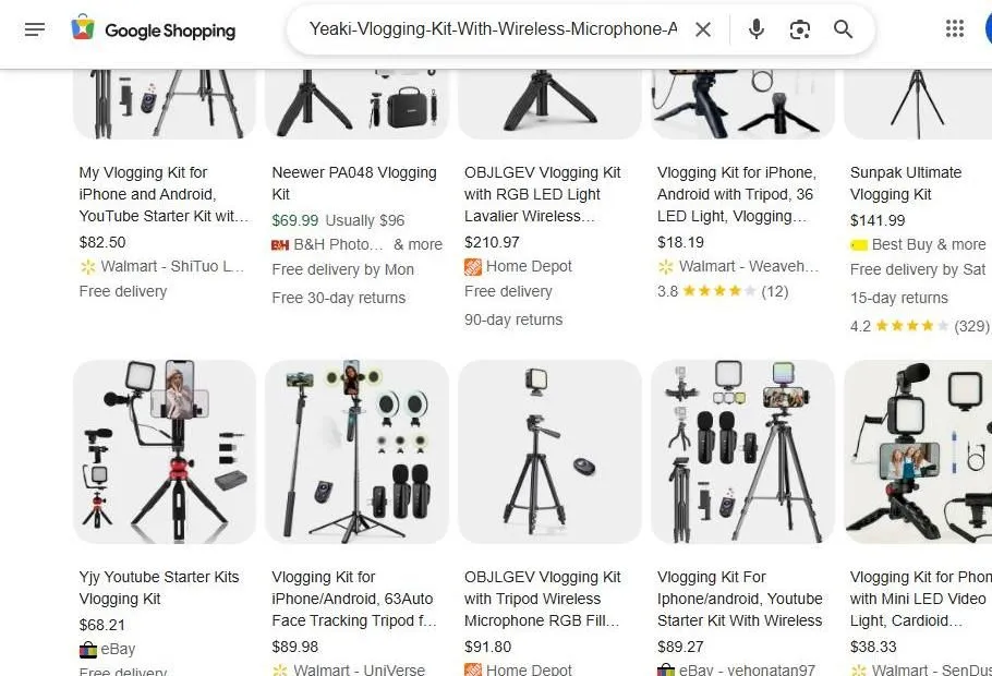 A Google Shopping search results page for vlogging kits