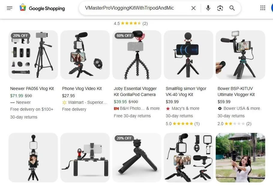 A Google Shopping search results page for vlogging kits