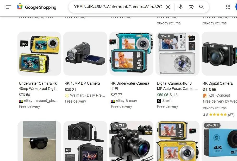 A Google Shopping search results page for waterproof and digital cameras