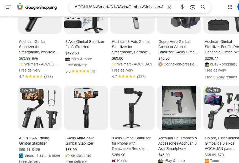 A grid of Google Shopping results for AOCHUAN gimbal stabilizers