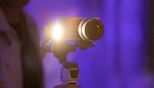 A professional camera mounted on a stabilizer
