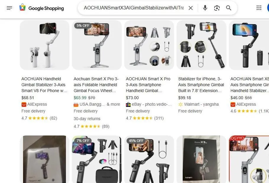 A screen capture of Google Shopping results for AOCHUAN smartphone gimbals