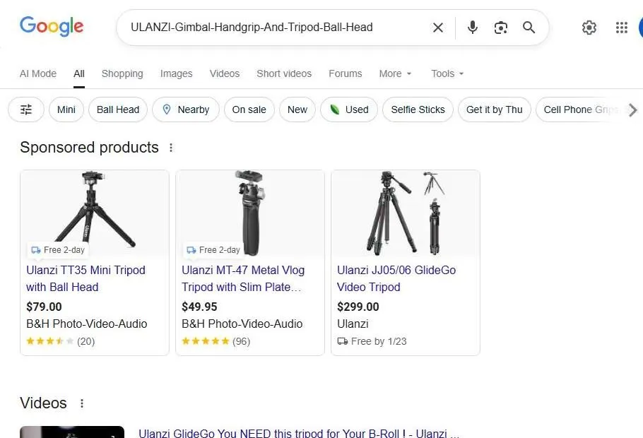 A screenshot of a Google search page for Ulanzi gimbal handgrip and tripod ball head accessories.