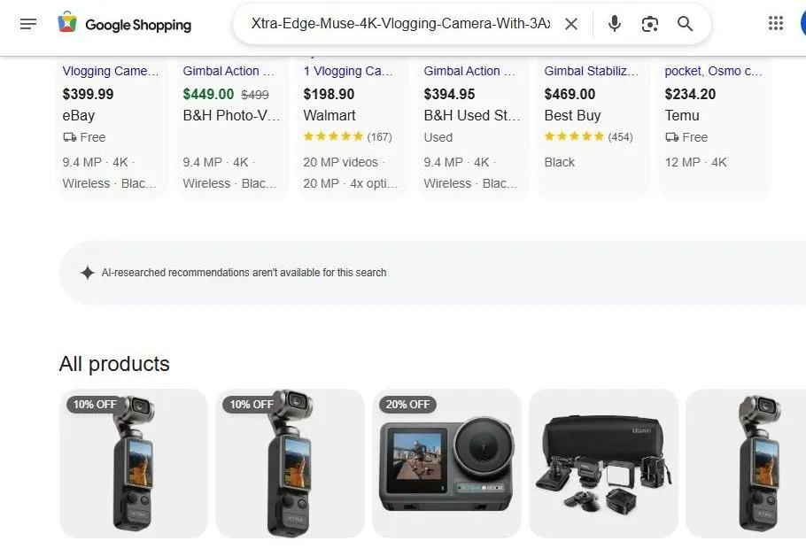 A screenshot of a Google Shopping search for vlogging cameras