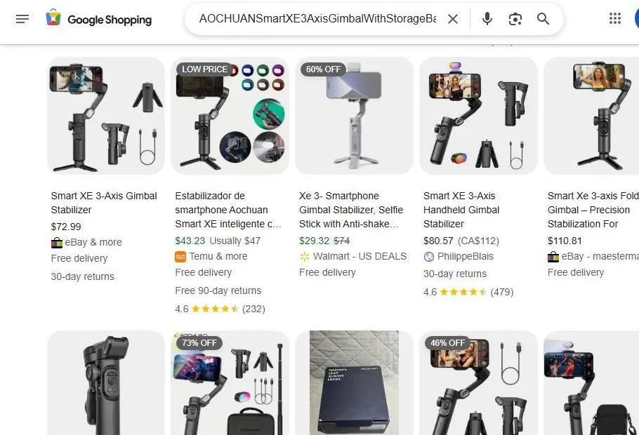 A Screenshot of Google Shopping Results for a Smartphone Gimbal