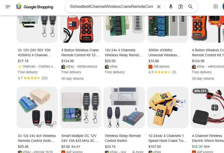 A screenshot of Google Shopping results for a wireless crane remote control kit