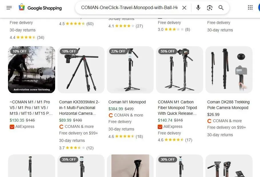 A screenshot of Google Shopping results for Coman camera monopods and tripods