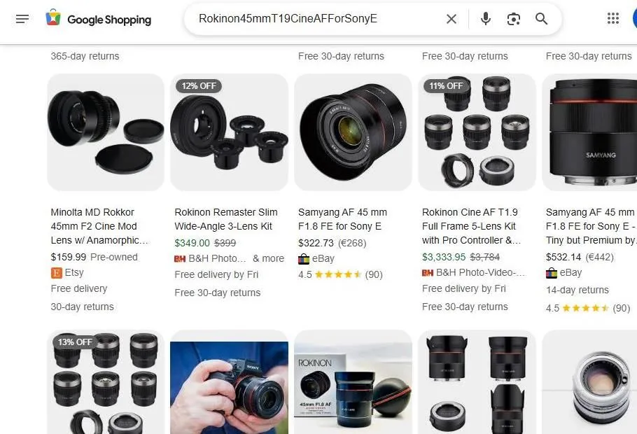 A screenshot of Google Shopping search results for a Rokinon cine lens