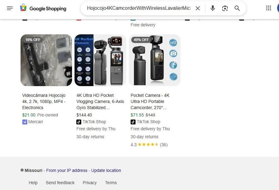 A screenshot of Google Shopping search results for pocket vlogging cameras