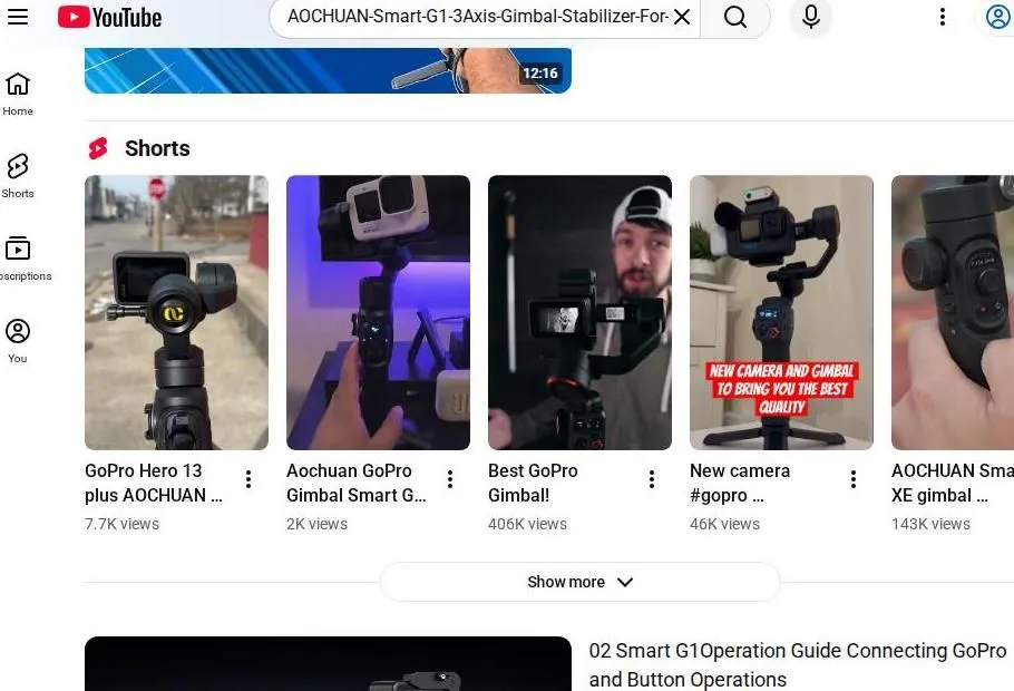 A Search for Aochuan Smart G1 GoPro Gimbal on YouTube