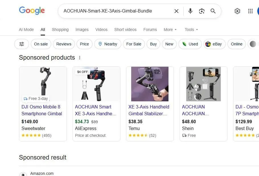 A search result for AOCHUAN Smart XE 3 Axis Gimbal Bundle