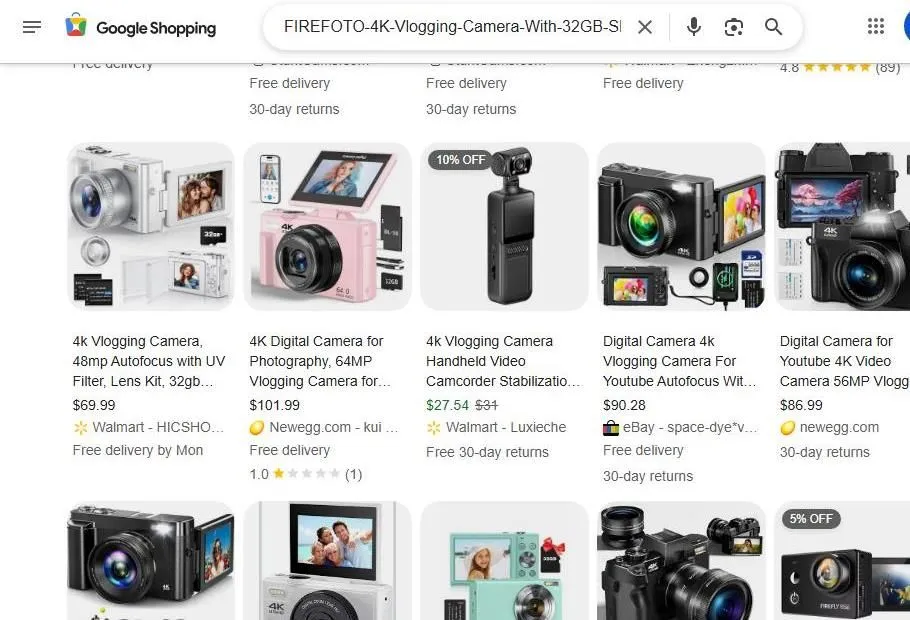 A Search Result Page For 4K Vlogging Cameras