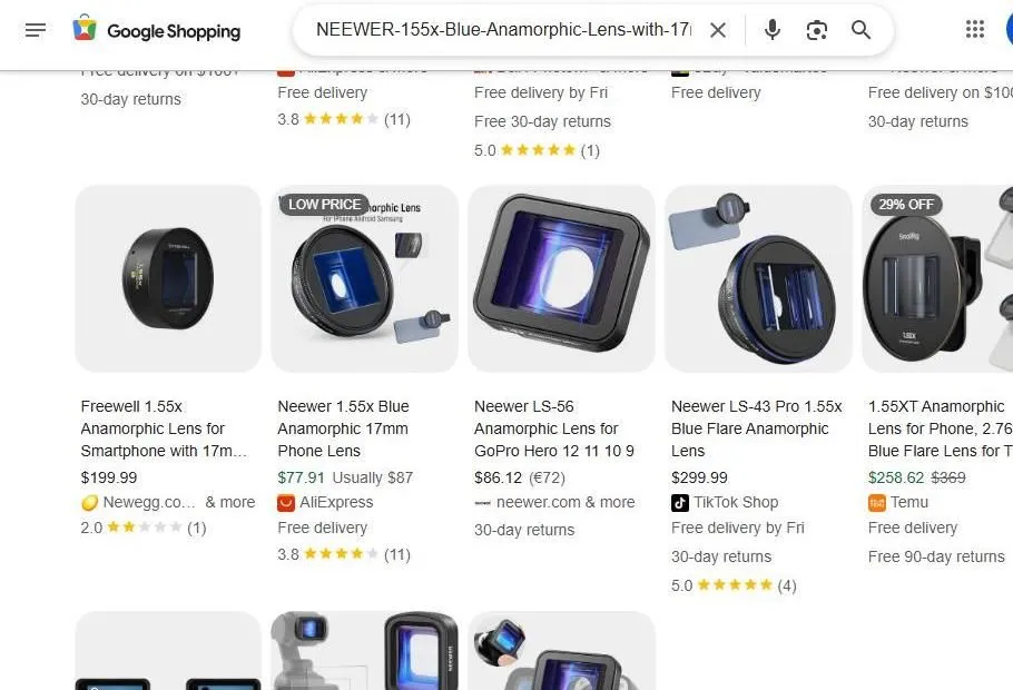 A Search Result Page for Anamorphic Smartphone Lenses