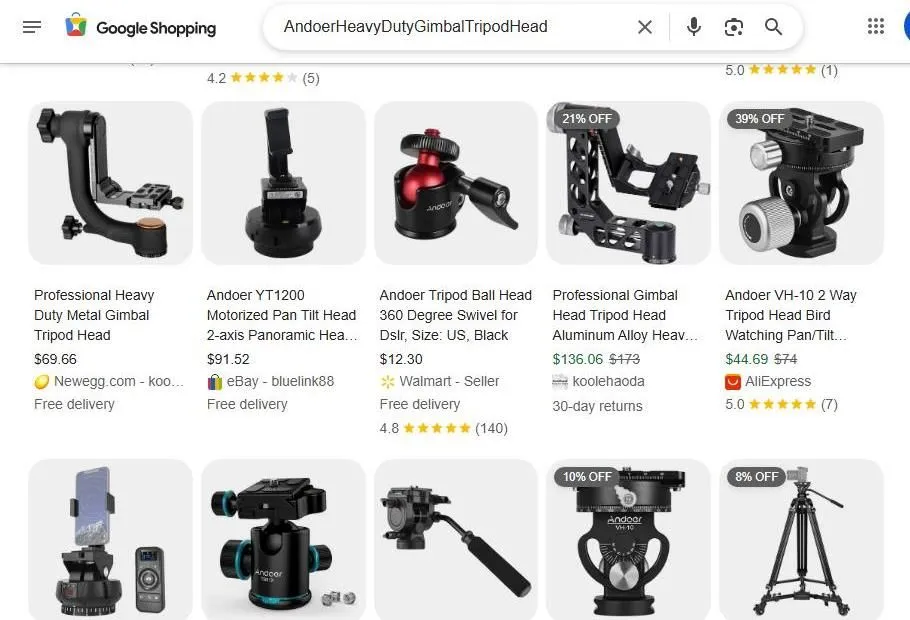A Search Result Page for Andoer Camera Tripod Heads