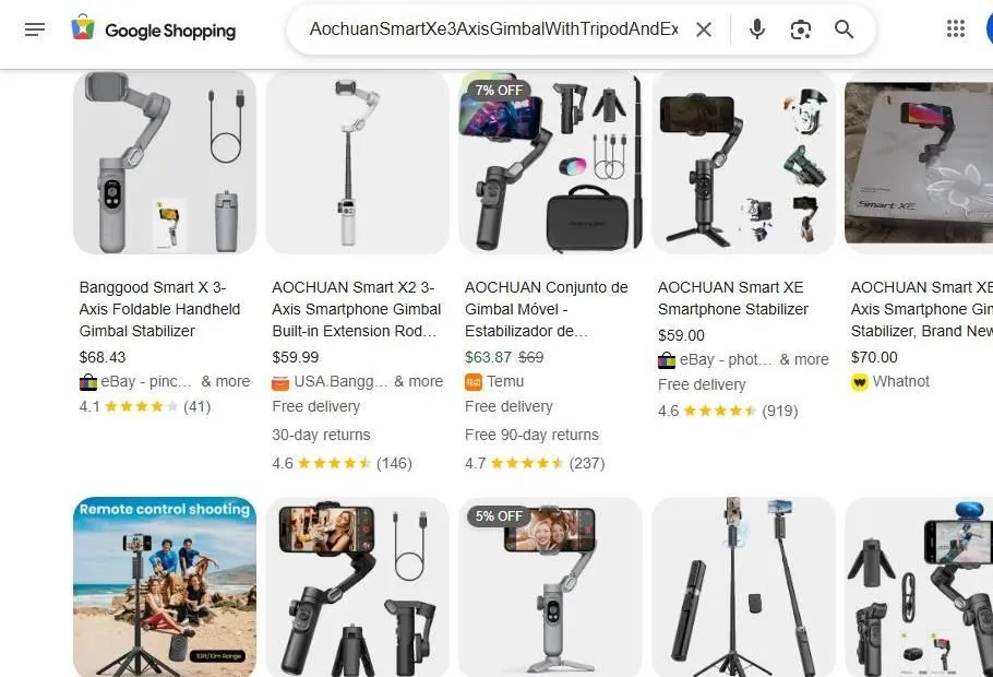 A Search Result Page For AOCHUAN Smartphone Gimbals