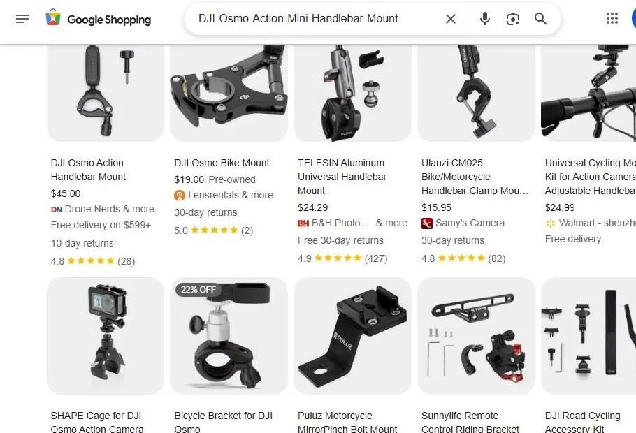 A Search Result Page for DJI Osmo Action Handlebar Mounts
