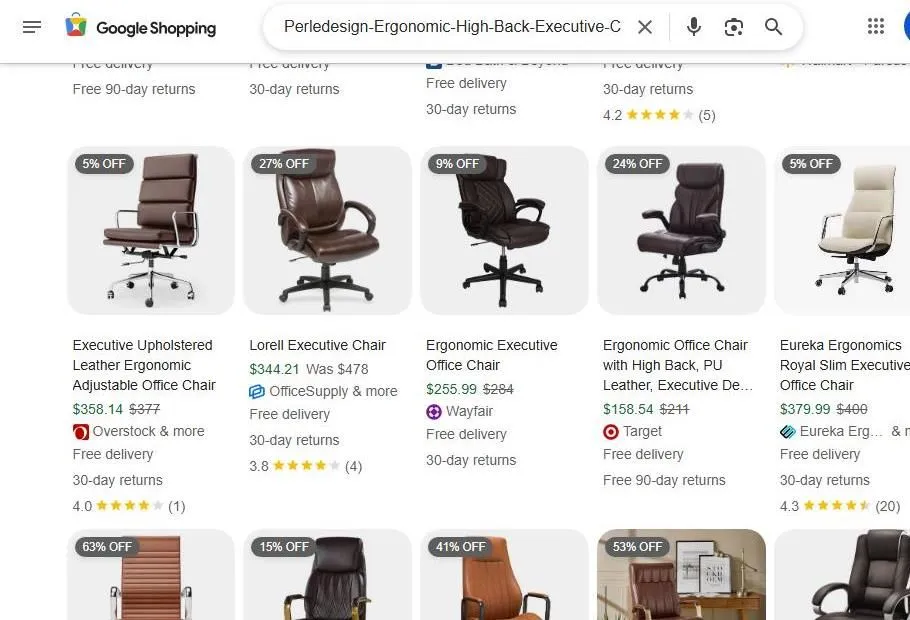 A Search Result Page for Executive Office Chairs