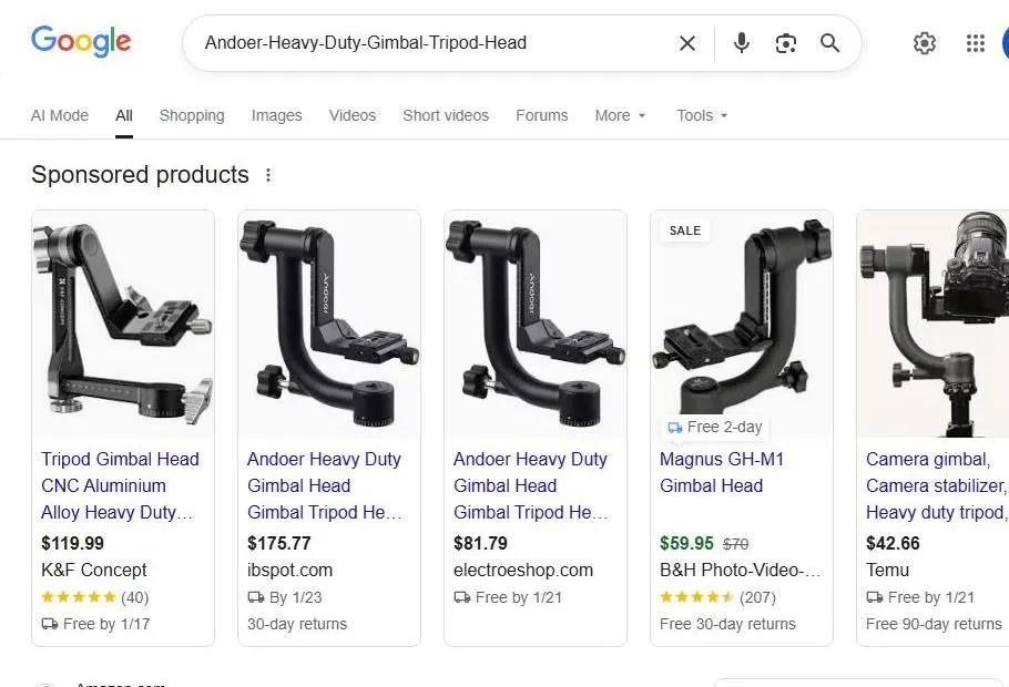 A Search Result Page For Heavy Duty Gimbal Tripod Heads