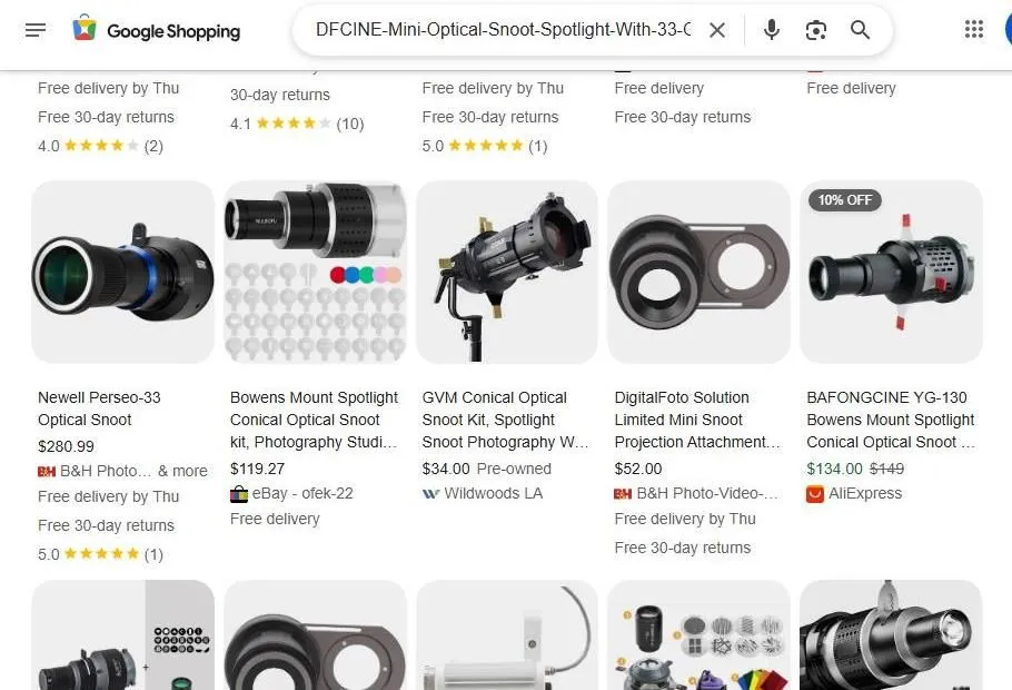 A Search Result Page for Optical Snoot Spotlight Attachments
