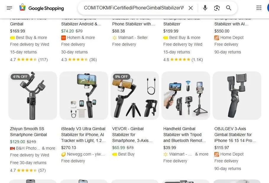 A Search Result Page for Smartphone Gimbal Stabilizers