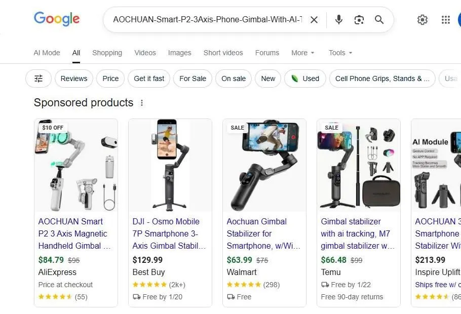 A Search Result Page for Smartphone Gimbals