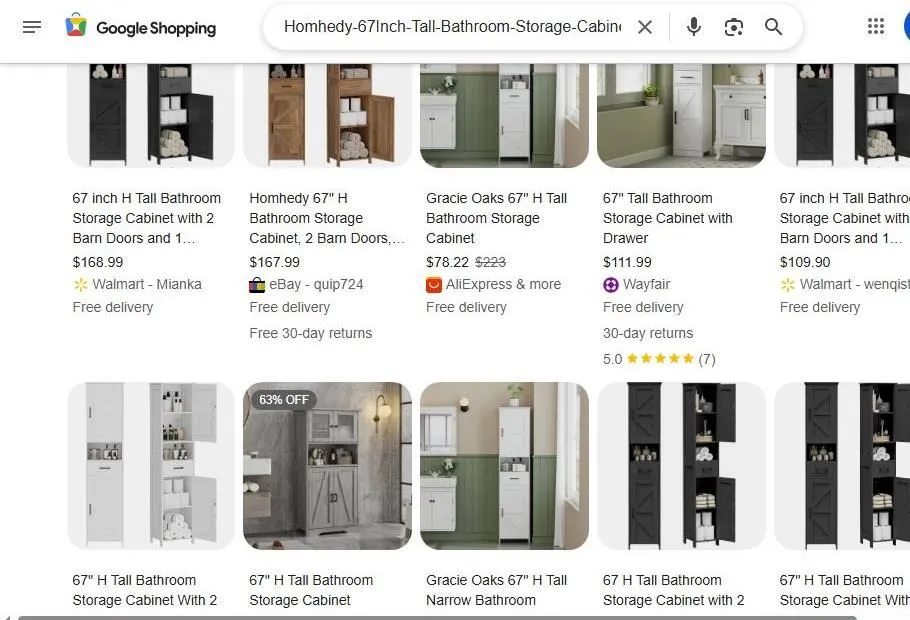 A Search Result Page for Tall Bathroom Storage Cabinets