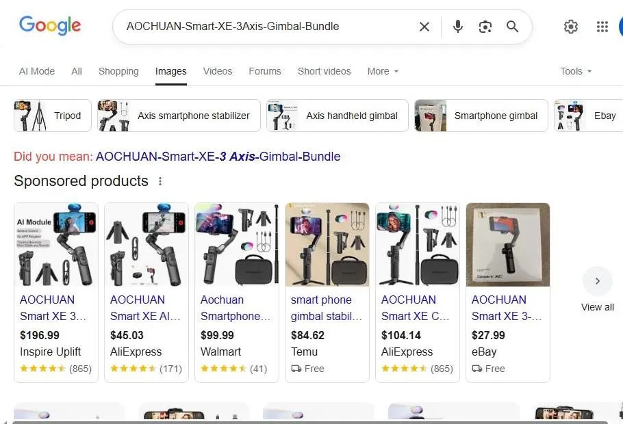 A Search Result Page for the AOCHUAN Smart XE Gimbal