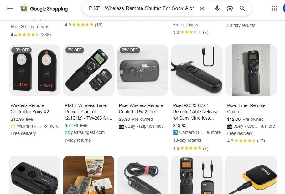 A Search Result Page for Wireless Camera Shutter Remotes