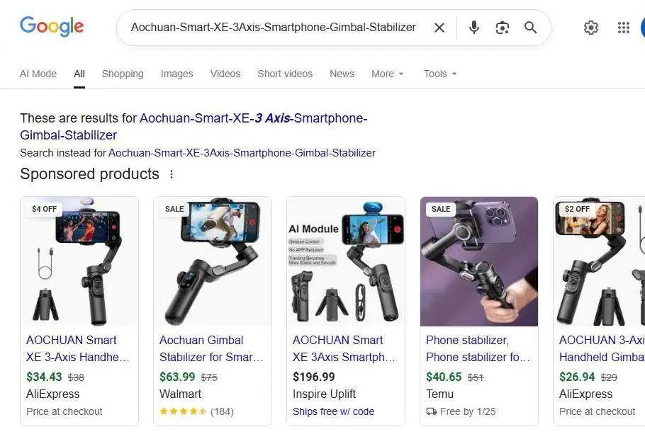 A Search Results Page for a Smartphone Gimbal
