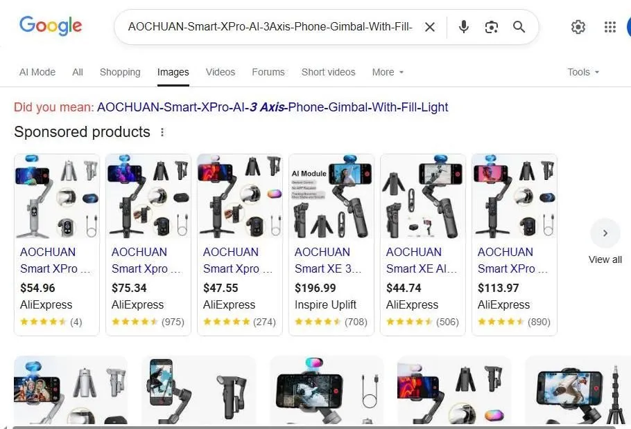 A Search Results Page for AOCHUAN Smartphone Gimbals