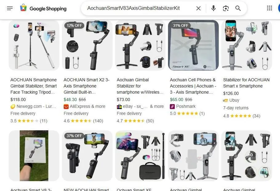 A Search Results Page for Aochuan Smartphone Gimbals