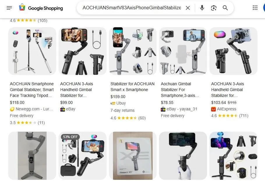 A Search Results Page for AOCHUAN Smartphone Gimbals