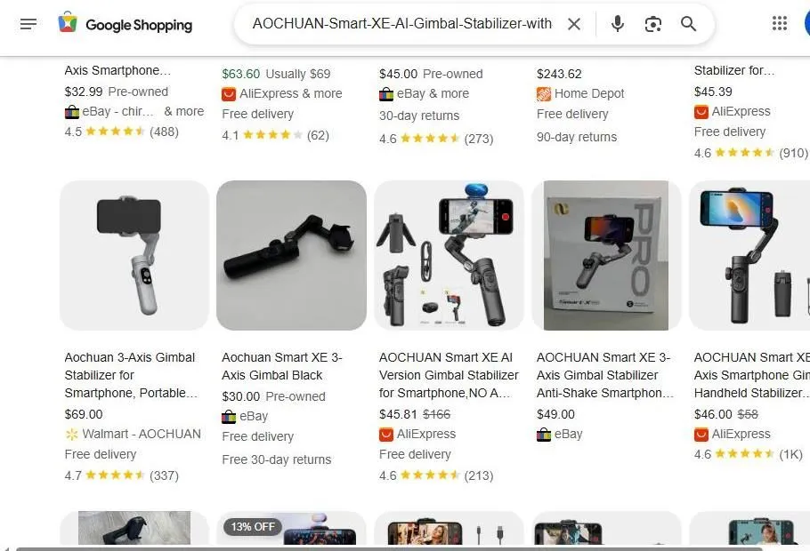 A Search Results Page for AOCHUAN Smartphone Gimbals