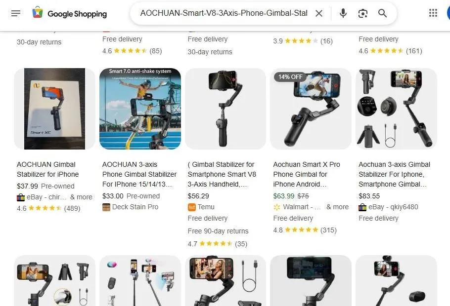A search results page for AOCHUAN smartphone gimbals on Google Shopping
