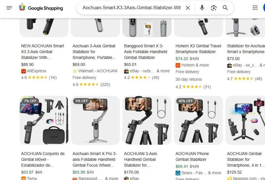 A search results page for smartphone gimbal stabilizers