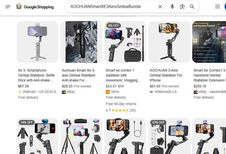 A Search Results Page for Smartphone Gimbals