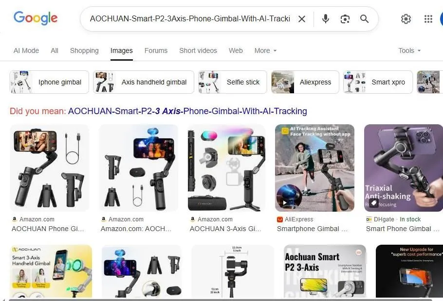 A Search Results Page for the AOCHUAN Smart P2 Smartphone Gimbal