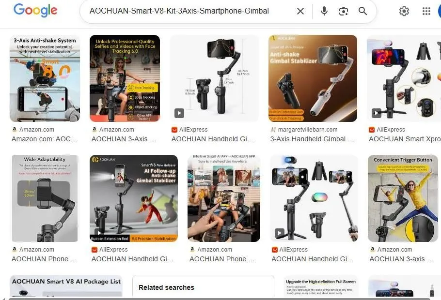 A Search Results Page for the AOCHUAN Smart V8 Smartphone Gimbal