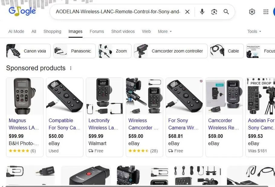 A Search Results Page for Wireless LANC Remote Controls