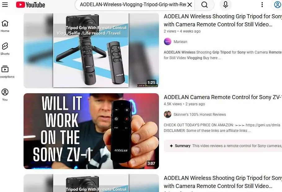 A YouTube search results page for AODELAN wireless camera accessories