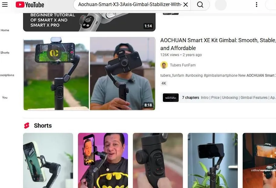 A YouTube Search Results Page for the AOCHUAN Smart XE Gimbal