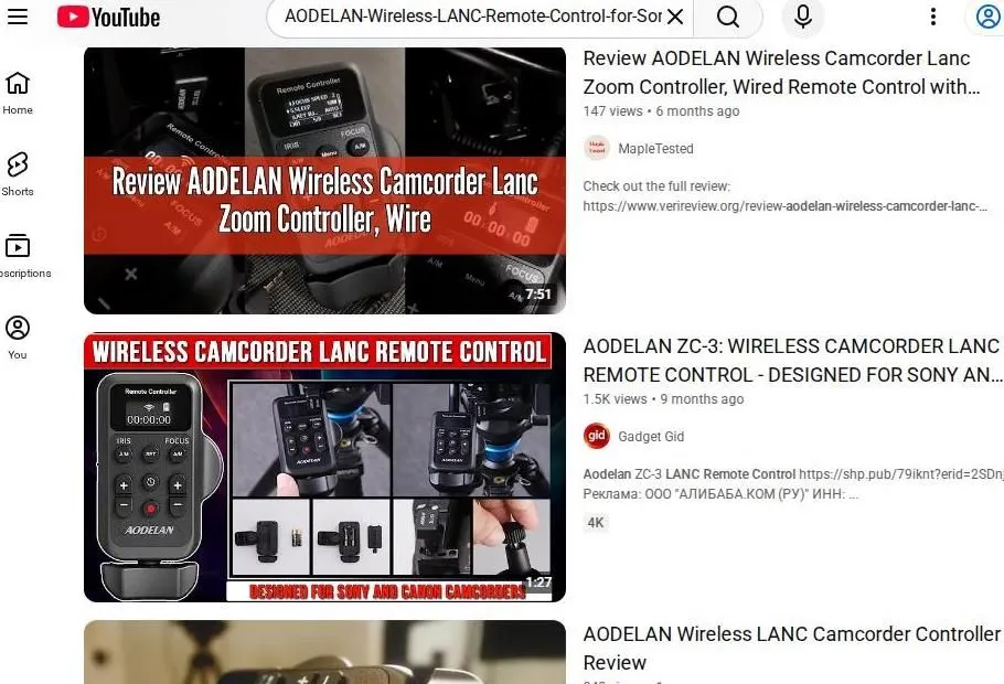 A YouTube search results page for the Aodelan Wireless Lanc Remote Control