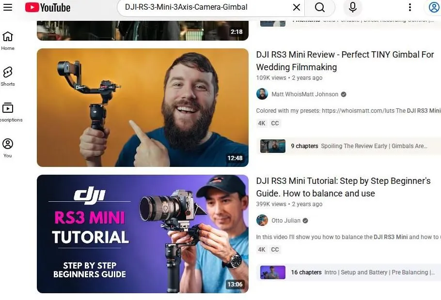 A YouTube search results page for the DJI RS3 Mini gimbal.