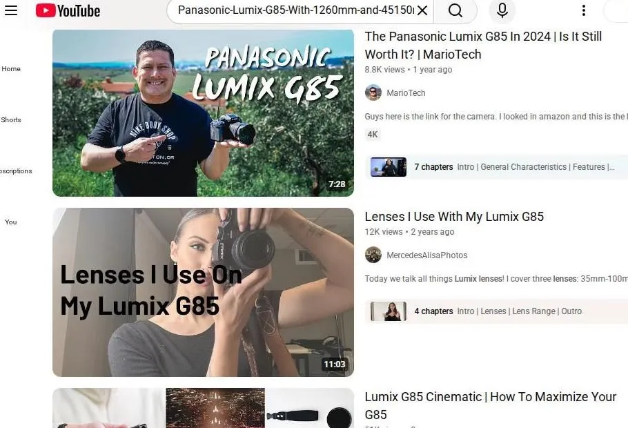 A YouTube search results page for the Panasonic Lumix G85 camera