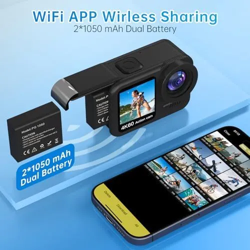Action Camera with Dual Batteries and WiFi Sharing