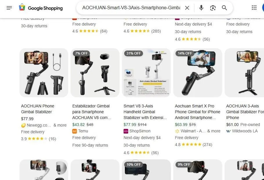 AOCHUAN Smart V8 Smartphone Gimbal Search Results