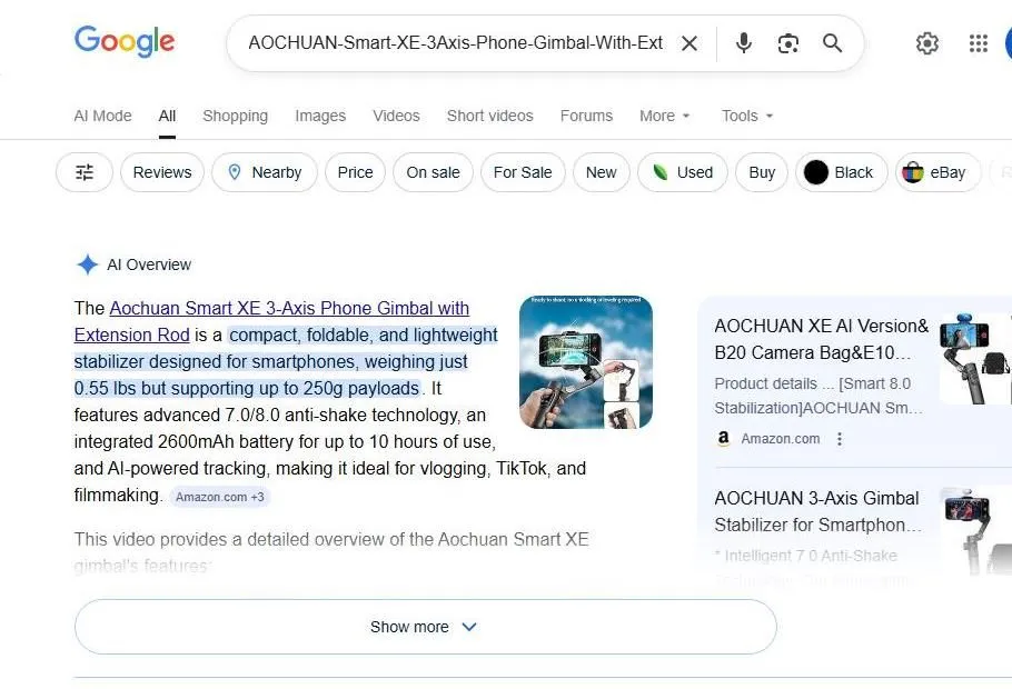 AOCHUAN Smart XE Gimbal Search Results