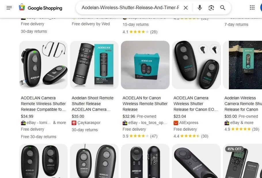 Aodelan Wireless Camera Remote Shutter Release Results on Google Shopping