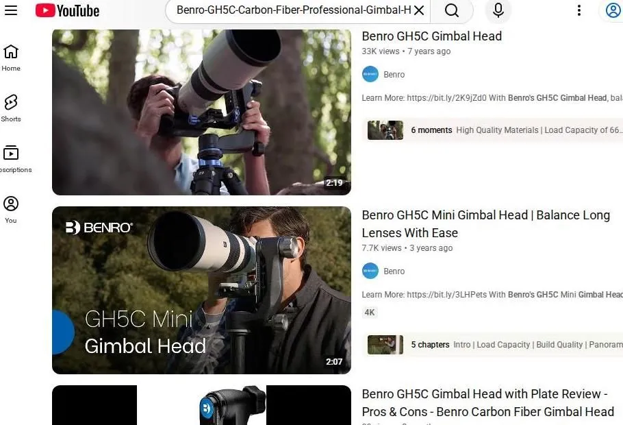 Benro GH5C Gimbal Head YouTube Search Results